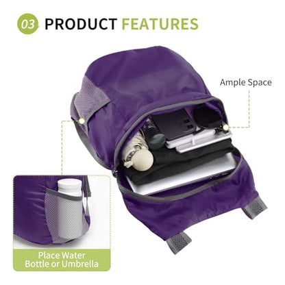 20L Hiking-Daypack Lightweight Foldable Travel Packable Backpack for Camping Cycling Outdoor,Purple - color: Purple