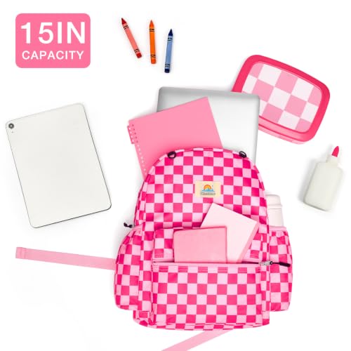 STEAMEDBUN Kids Backpack for Boys Girls 5-8, 15inch Girls Boys Backpacks Kindergarten - color: Hot Pink Checkerboard, size: SMALL-15"H(fit folder)