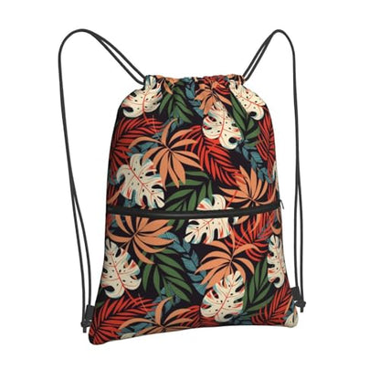 JOOCAR Tropical Leaf Drawstring Bag Summer Backpack Draw String Bags Waterproof Lightweight Sports Gym Beach Sackpack Zipper Pocket for Men Women - color: B4