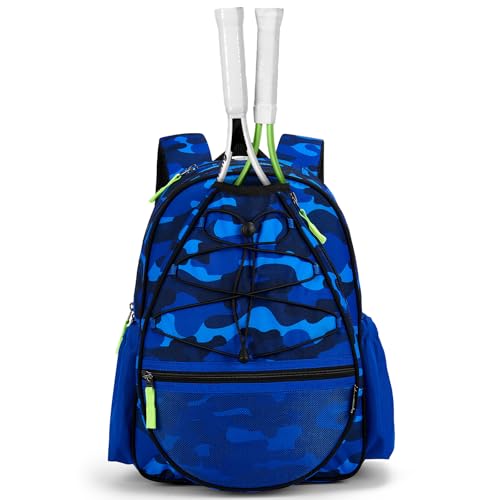 Choco Mocha Kids Tennis Bag, 16 Inch Youth & Junior Tennis Backpack with Shoe Compartment, Holds 2 Rackets (21–23 Inch) - color: Camo Blue