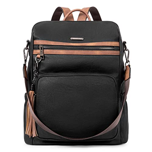CLUCI Backpack Purse for Women Fashion Leather Designer Travel Large Ladies Shoulder Bags with Tassel Oil Wax Black - color: Black With Brown