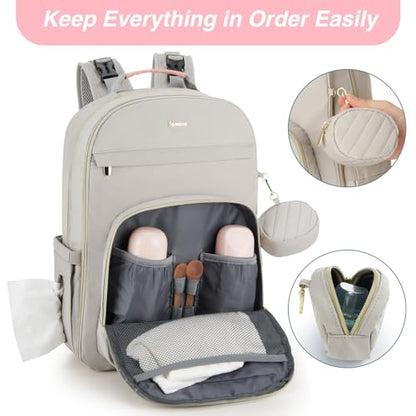 MOMUVO Diaper Bag Backpack, Quilted Baby Bag with Changing Pad and Stroller Straps and Pacifier Case, Multifunction Waterproof Travel Diaper Bags, Unisex, Light Grey and Pink - color: Lgrey Pink