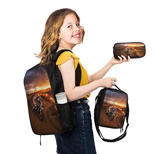 Giwawa Cool Dirt Bike Motocross School Backpacks for Teen Boys Motorcycle Vehicle in Desert Backpack School Bookbag Set Lunch Bag Pencil Case - color: Desert Motorcycle