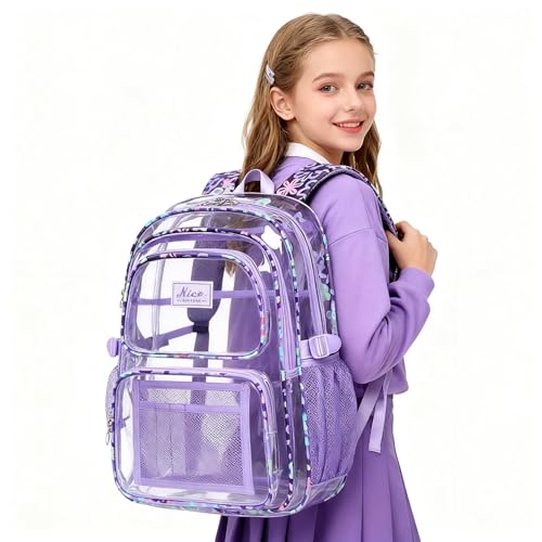 OKKID Purple Clear Backpack for Girls School Backpack Clear Bookbag Heavy Duty Transparent Backpack Kids See Through School Bags - color: Purple