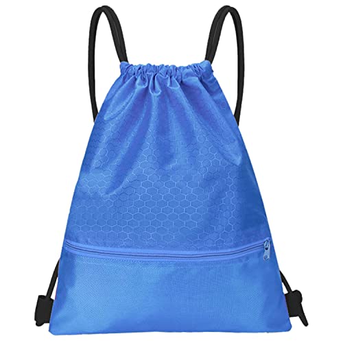 Drawstring Backpack Bag, Waterproof Draw String Back Sack with Zip Pocket, Gym Drawstring Bags Swim Bag for Men Women - color: Blue, Ordinary
