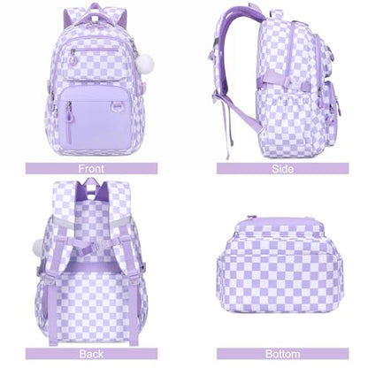 Bevalsa Backpack for Girls 3PCS Teen Girls Backpack for School with Lunch Bag Pencil Case Purple Cute Kids Laptop Backpacks Bookbag for Elementary Middle High School College Student (Checkerboard) - color: Purple Checkerboard