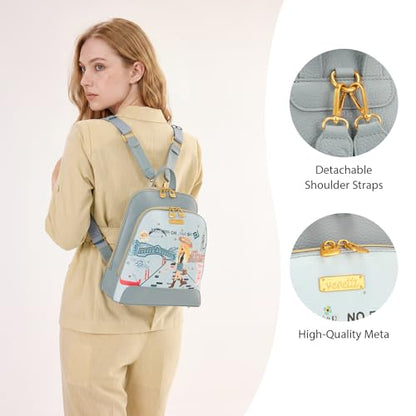 Venetti Cityscape Illustration Mini Backpack for Women and Girls, Cute Small Backpack Purse with Multi-Pocket and Zipper, Light Print Shoulder Bag Leather for Travel Daily Use VN-HB-001-BL - color: Blue