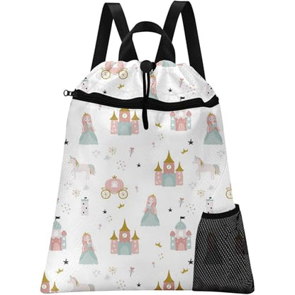 Pink Princess Castle Drawstring Backpack, 15” x 17” Waterproof Swim Bag for Beach Swimming Pool, Lightweight Foldable Gym Bag with Water Bottle Holder for Sports Travel - color: Princess Castle
