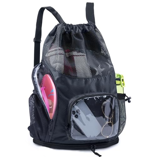 Mesh Drawstring Backpack with Shoe Compartment, Sandproof Beach Swim Bag with Wet Pocket, Pool Gym Shower Bag for Travel Summer Camp - color: Black, style: Style a