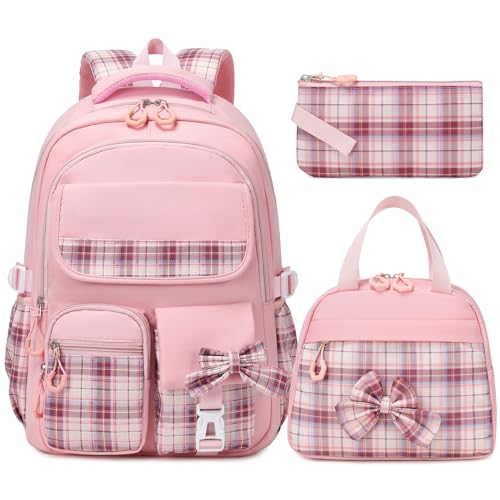 GeeWin School Backpack for Girls, Bookbags Back Pack School Bag for Teen Girl Elementary Middle School Student, Cute Stylish Plaid Girls Backpack with Matching Insulated Lunch Bag & Pencil Bag(Pink) - color: Pink