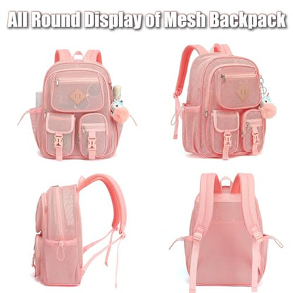 Mesh Backpack for Girls Boys, Heavy Duty Semi-Transparent Mesh Bookbag Womens Mens Mesh Backpacks for School, Sports, Beach, Swimming, Travel - Light Pink - color: Light Pink