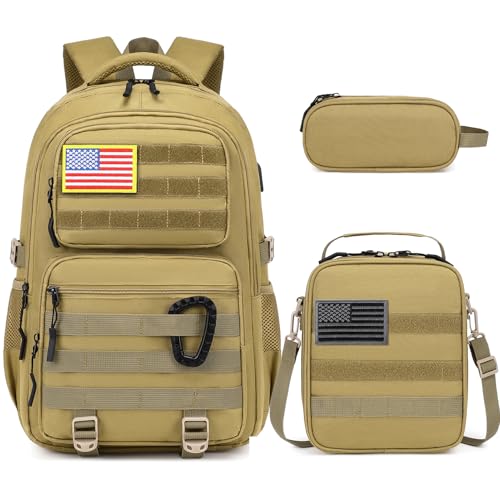 Camo Backpack for Boys, Tactical Boys Backpack with Lunch Box Pencil Case, Kids Backpacks with USB Charging Port, Military Army School Bookbag for Teen Boy Elementary Middle High School Camp - color: Brown