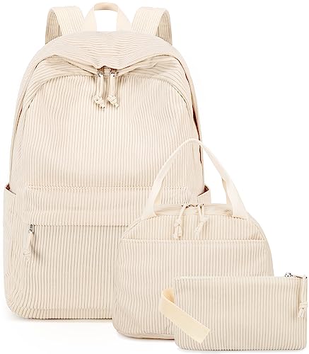 BTOOP School Backpacks for Teen Girls Bookbags Lightweight Kids Backpack School Bags Set with Lunch Box Pencil Case - color: Corduroy- Beige