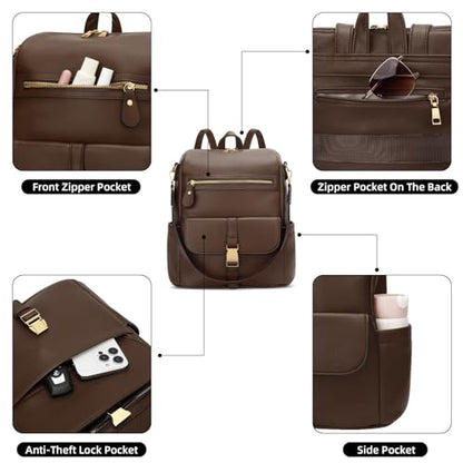 KKXIU Backpack Purse for Women - PU Leather Ladies Backpack for Daily with Anti-Theft Lock Pocket, Small Daypack with Luggage Strap & Water Bottle Pockets (Coffee) - color: Coffee