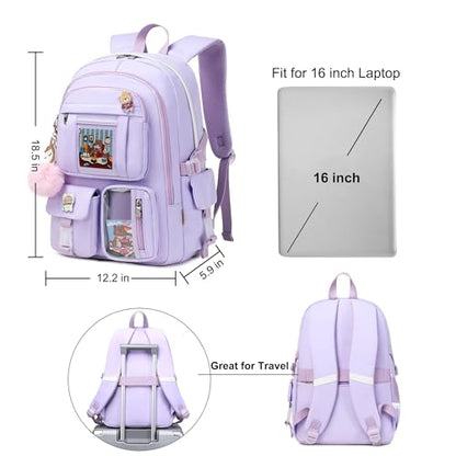 LXYGD Backpack for Girls with Accessories Laptop Bookbags 16 Inch Kawaii Kids Elementary Middle High School Bag College Travel Daypack Gifts for Teens Women Students (Purple) - color: Purple