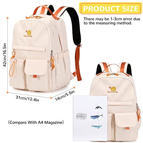 Lanola Teen Girl School Backpack Casual Daypack Bookbag Elementary College Travel Backpack with Cute Ribbon for Girls - color: Cheese-beige