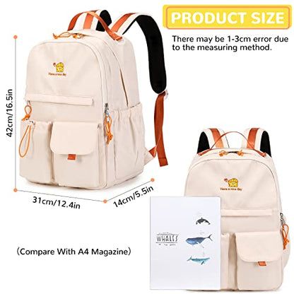 Lanola Teen Girl School Backpack Casual Daypack Bookbag Elementary College Travel Backpack with Cute Ribbon for Girls - color: Cheese-beige