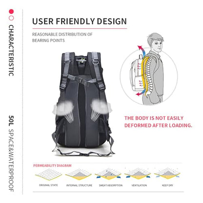 Bseash 50L Hiking Backpack, Water Resistant Lightweight Outdoor Sport Daypack Travel Bag for Camping Climbing Skiing Cycling (Blue - No Shoe Compartment) - color: Blue - No Shoe Compartment