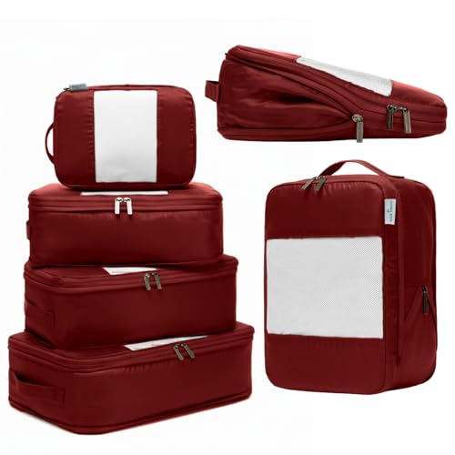 6-Pack Large Compression Packing Cubes for Travel - Lightweight Compression Packing Cube Set, Water-Resistant Luggage Organizer Bags & Suitcase Organizers, Travel Cubes for Carry-On, Checked Luggage - color: Burgundy