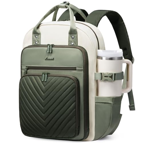LOVEVOOK Laptop Backpack for Women, Water Resistant Travel Work Backpacks Purse Stylish Business Teacher Nurse Computer - color: Bean-green White, size: 15.6 inch-Standard Laptop Compartment