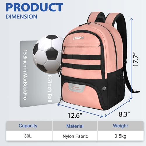 LARIPOP Soccer Backpack with Ball Holder & Shoe Compartment Large Capacity Sports Bag for Training - color: Flesh Pink