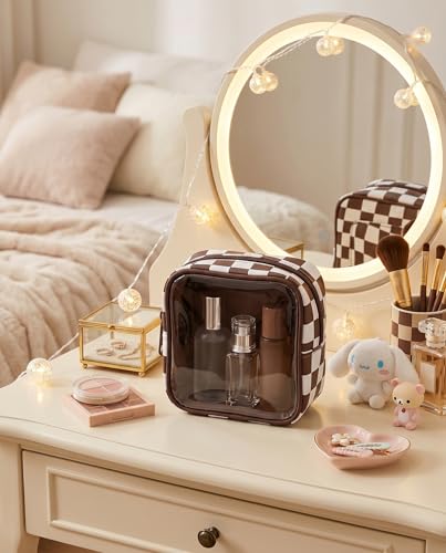 Clear Checkered Makeup Bag, Small Cosmetic Pouch with Zipper Mini Waterproof Makeup Purse Organizer Cute Cosmetic Bag Travel TSA Approved Toiletry Bag Car Organizer for Women Girls (Brown) - color: Brown