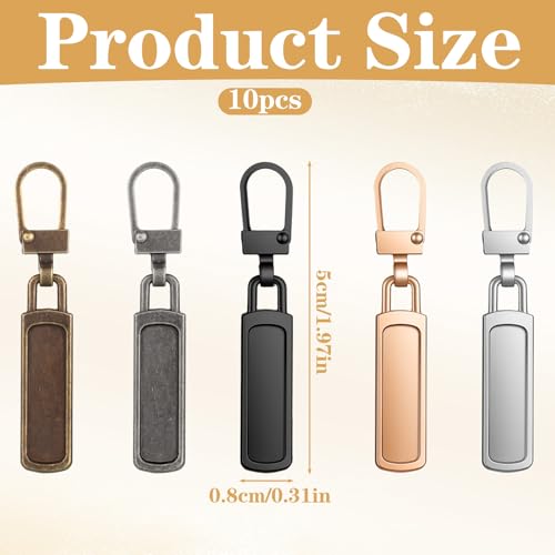 Shimmeroo 10PCS Luggage Zipper Pull Replacement, 2-Inch Universal Zipper Tab Helper for Dresses, Jacket, Backpacks, 5 Colors in Black+Silver+Gold+Brown+Copper
