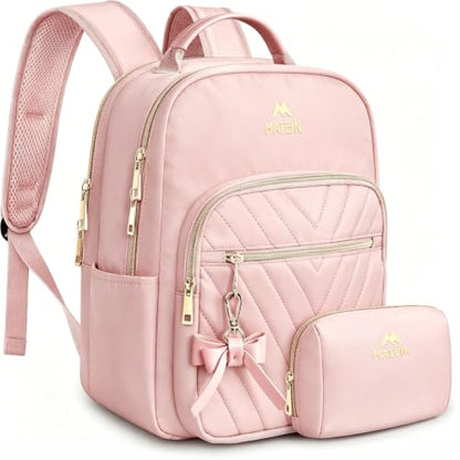 MATEIN Bowknot Cute Backpack Purse, Fashion Mini Shoulder Bag, Waterproof Lightweight Travel Daily Backpack College Handbag for Ladies Women, 2pcs Sets, Pink - color: Pink, size: Small-12.9 inch