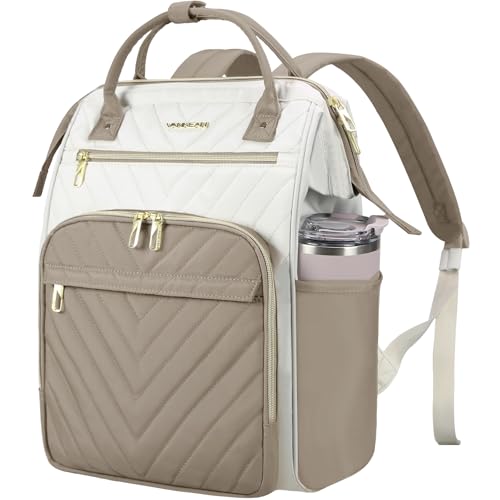 VANKEAN 17 Inch Laptop Backpack for Women Fashion Computer Work Bag, Large Capacity Waterproof Backpack, College Daypack Business Travel(Beige-Khaki, 17.3 Inch) - color: Beige-khaki, size: 17.3 Inch