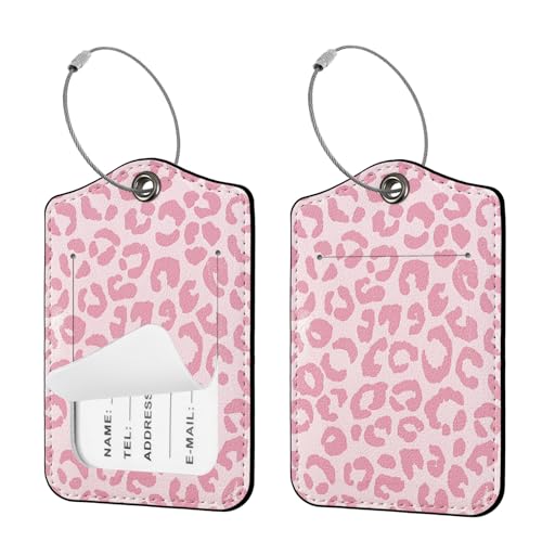 Seorsok 2 PCS Luggage Travel Tags for Suitcases,Cute Pink Leopard PU Leather Name Tag with Privacy Cover&ID Label Address Card and Durable Metal Ring Suitable for Men Women Handbags Backpack,Pink - color: Pink01