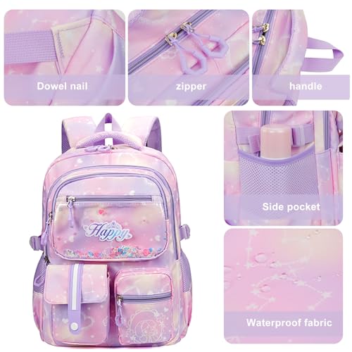 MCWTH Backpack for Teen Girls, Kawaii Cute Kids Elementary Student School Backpacks (Happy Purple) - color: Happy Purple