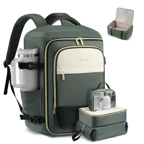 LOVEVOOK 40L Travel Backpack Carry on Flight Approved, Personal Item Bag with 3 Packing Cubes, Travel Backpack for Women Fits 17" Laptop, Water-resistant Carry On Bag for Airplanes - color: Slate Green, size: 40L-4PCS