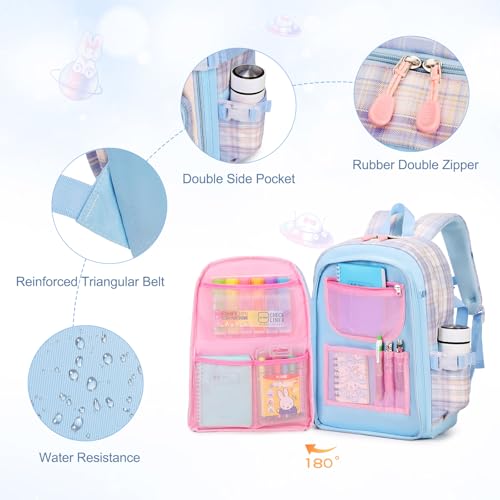 FIXITOK Girls Backpack Set, 3PCS Kids Backpack for Girls, Kawaii Bunny School Backpacks for Girl Kindergarten Elementary Preschool Middle School Bags with Lunch Box Pencil Case Blue-Plaid - color: Blue-plaid