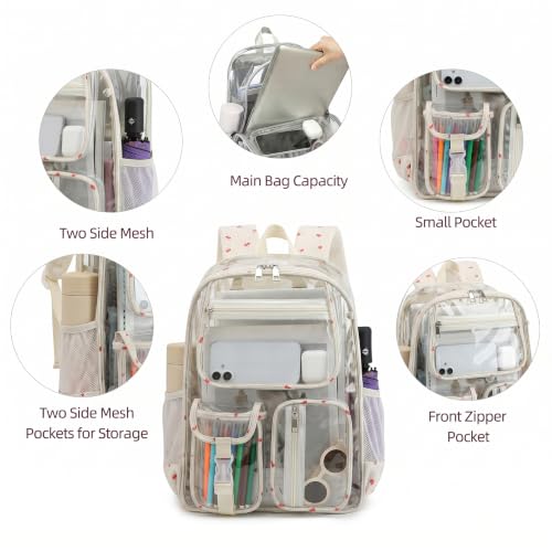 Clear Backpacks for Girls Women, Heavy Duty PVC Transparent School Bookbag See Through Back Pack for College Work Travel (Cherry Beige) - color: Cherry Beige