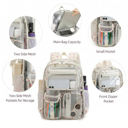 Clear Backpacks for Girls Women, Heavy Duty PVC Transparent School Bookbag See Through Back Pack for College Work Travel (Cherry Beige) - color: Cherry Beige