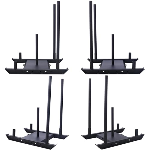 Weight Sled for Fitness Training Push Pull Drag Speed Strength Conditioning Workout Sled with Removable Push Poles Harness and Dual Anchor Points for 2 Inch Weight Plates Black