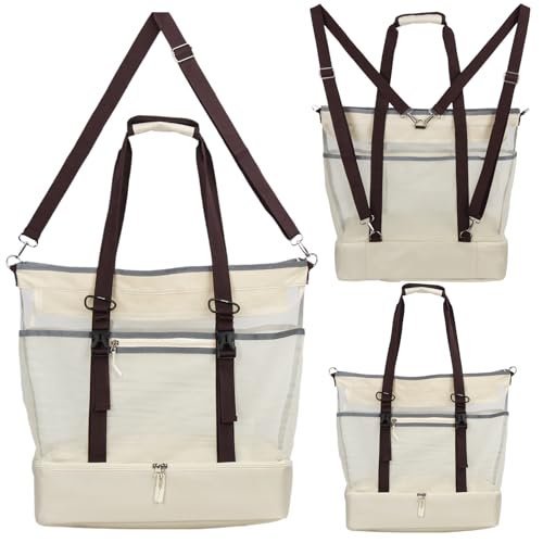 Mesh Beach Bag with Cooler Large Travel Family Vacation Essentials Pool Swimming Zipper Pocket Durable 9 Pockets - color: Beige
