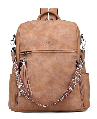 FADEON Leather Backpack Purse for Women Designer Travel Backpack Purses PU Fashion Ladies Shoulder Bag with Tassel - color: Retro Camel Brown Nubuck Style