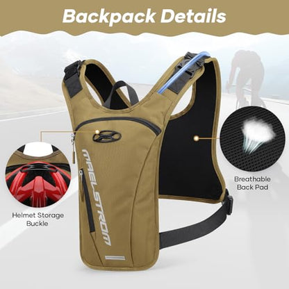 Maelstrom Hydration Vest with 2L Water Bladder Backpack for Running Hiking | Chest Pack, BPA-free, High Flow Bite, Reflective Stripe, Helmet Buckle, Detachable, Breathable Pad, for Cycling, Marathon - color: Khaki