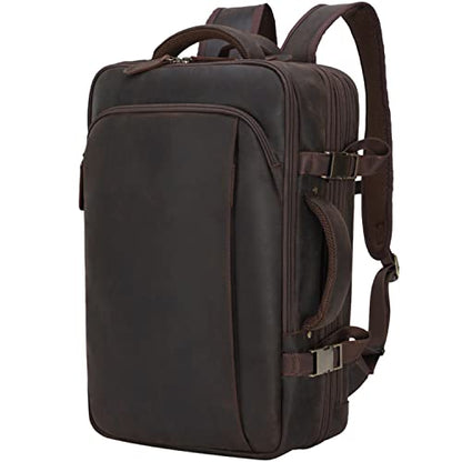 Masa Kawa Leather 15.6 Inch Laptop Backpack for Men Expandable 36L Business Travel Rucksack Daypack Weekender Bag - color: Brown