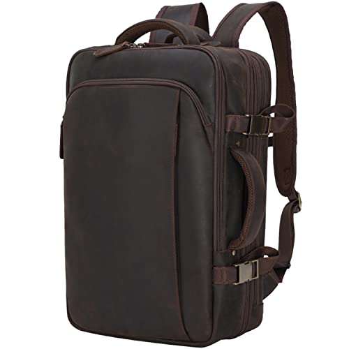 Masa Kawa Leather 15.6 Inch Laptop Backpack for Men Expandable 36L Business Travel Rucksack Daypack Weekender Bag - color: Brown