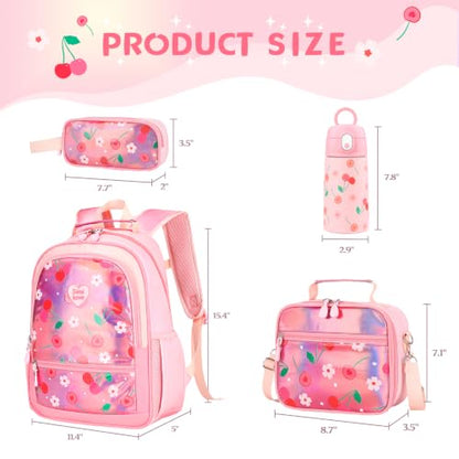 Kids Backpack for Girls 5-8, 4PCS Toddler Backpack with 13oz Kids Insulated Water Bottle, Lunch Box and Pencil Case, Girls Bookbag Schoolbag for Primary Kindergarten Elementary School - color: Pink Red Cherry