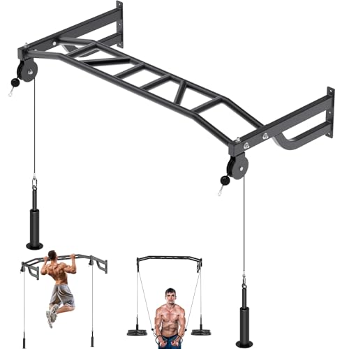 SELEWARE 48'' Heavy Duty Pull Up Bar Wall Mount Multi-function Chin up Bar with Home Gym Cable Pulley System LAT Pulldown Workout Attachments Heavy Bag Hanger - color: C. Black Pull Up Bar with Cable Pulley System