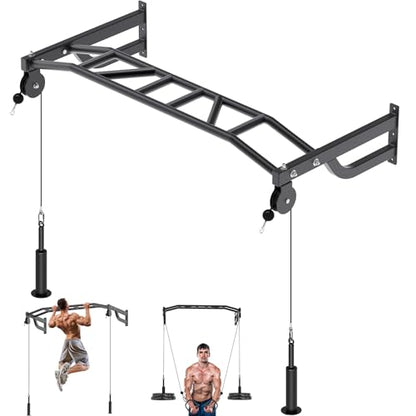 SELEWARE 48'' Heavy Duty Pull Up Bar Wall Mount Multi-function Chin up Bar with Home Gym Cable Pulley System LAT Pulldown Workout Attachments Heavy Bag Hanger - color: C. Black Pull Up Bar with Cable Pulley System