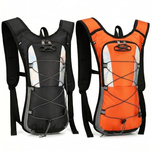 Sadnyy 2 Pcs Hydration Backpack Hiking Water Backpack for 2l Waterbag(Waterbag Not Included), Reflective Lightweight Cycling Daypack with Helmet Net Bag for Biking, Running, Skiing - color: Orange, Black