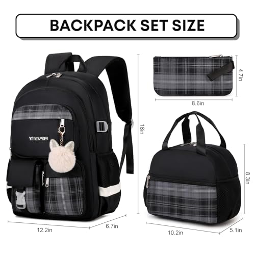 3PCS School Backpack For Student Women College Middle High Teen Girls Bookbag Waterproof Laptop Bag Plaid Black - color: Plaid Black