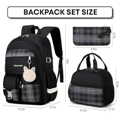 3PCS School Backpack For Student Women College Middle High Teen Girls Bookbag Waterproof Laptop Bag Plaid Black - color: Plaid Black