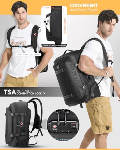 Backpack with wheels,Rolling laptop backpack with 2 Packing Cubes,Water-Resistant,Wheeled backpack Suitcase for Men Adults to Travel, Commuting,Black - color: Black-three