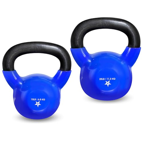 Yes4All Kettlebell, Vinyl Coated Kettlebell Cast Iron Sets with Stable Flat Bottom for Full Body Workout, Push up, Grip Strength Training & Weights Exercises - color: Blue, style: 15 + 25lb