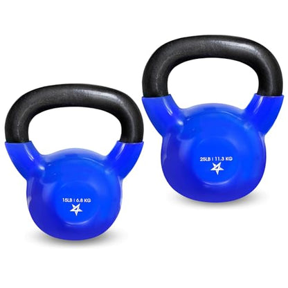 Yes4All Kettlebell, Vinyl Coated Kettlebell Cast Iron Sets with Stable Flat Bottom for Full Body Workout, Push up, Grip Strength Training & Weights Exercises - color: Blue, style: 15 + 25lb